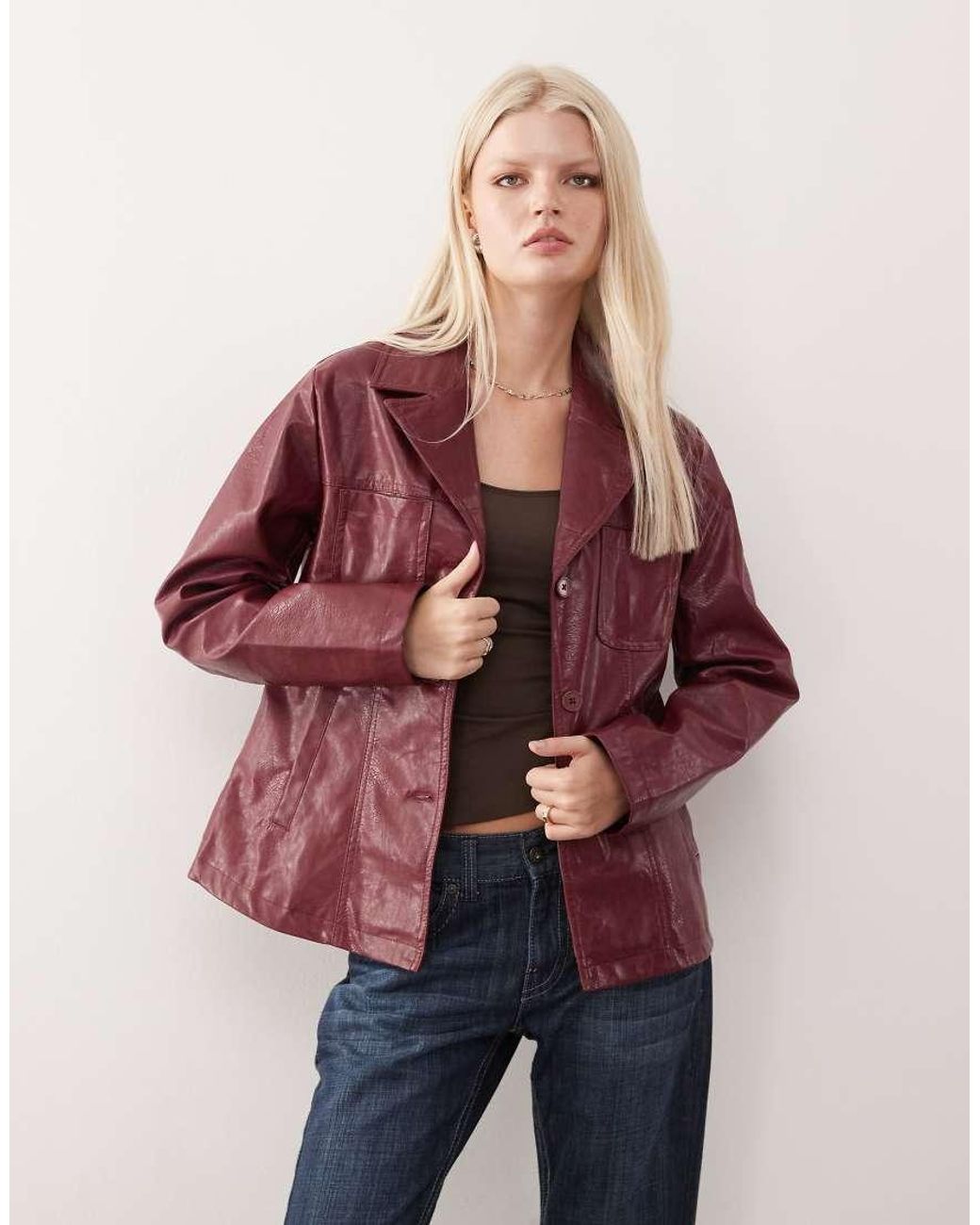 Reclaimed Vintage Red Washed Leather Look Slimmer Fit Blazer