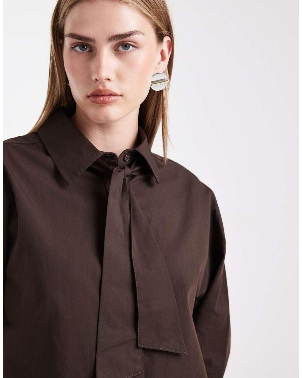 ASOS Brown Oversized Tie Neck Shirt
