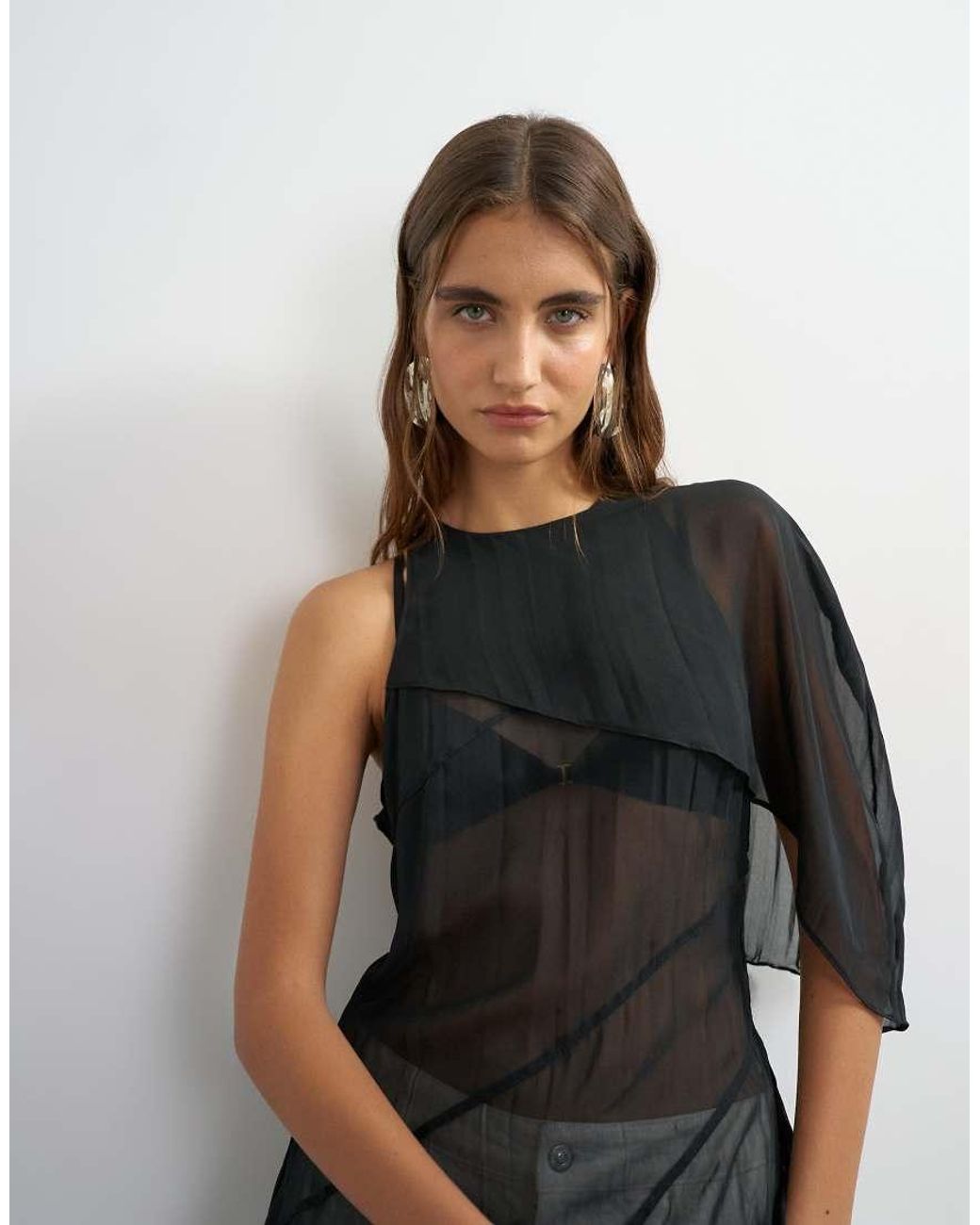 TOPSHOP Black One Shoulder Cape Detail Tunic Top