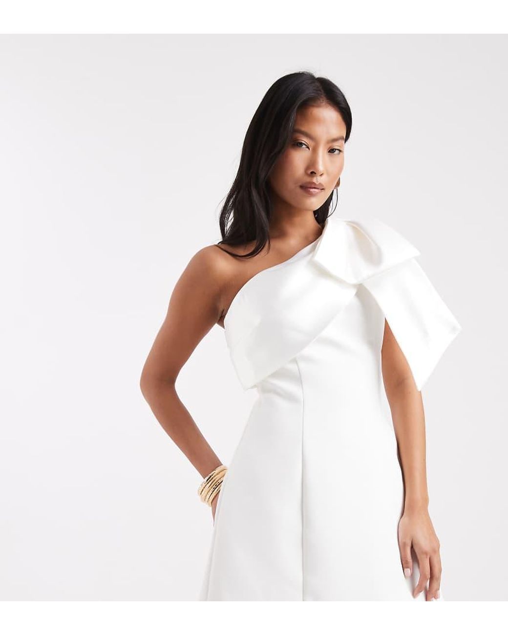 Forever New White Bridal exaggerated One Shoulder Bow Structured Mini Dress