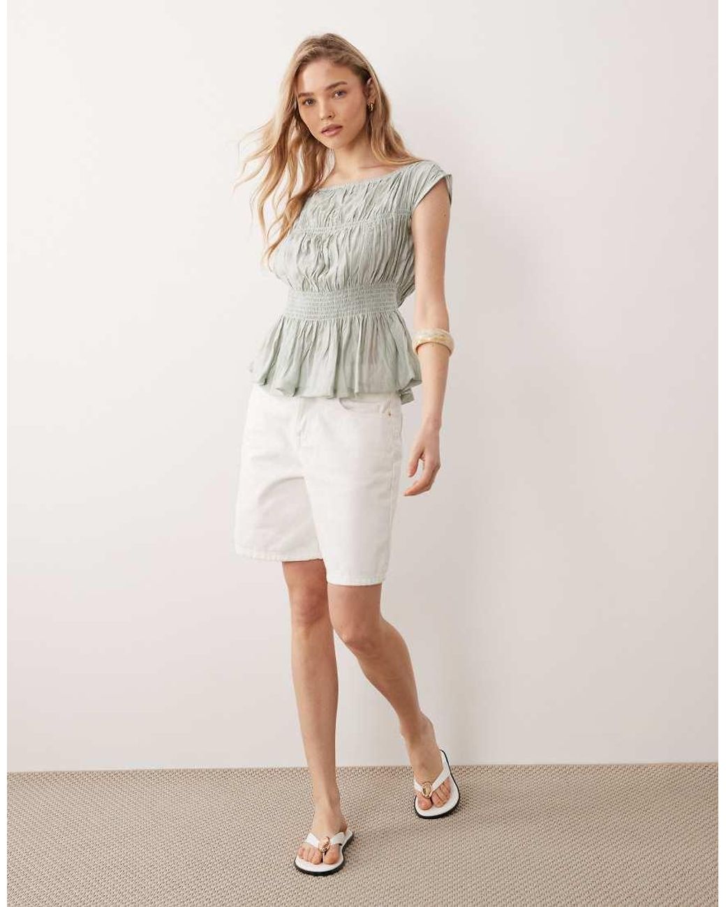 Threadbare Green Shirred Cap Sleeve Top