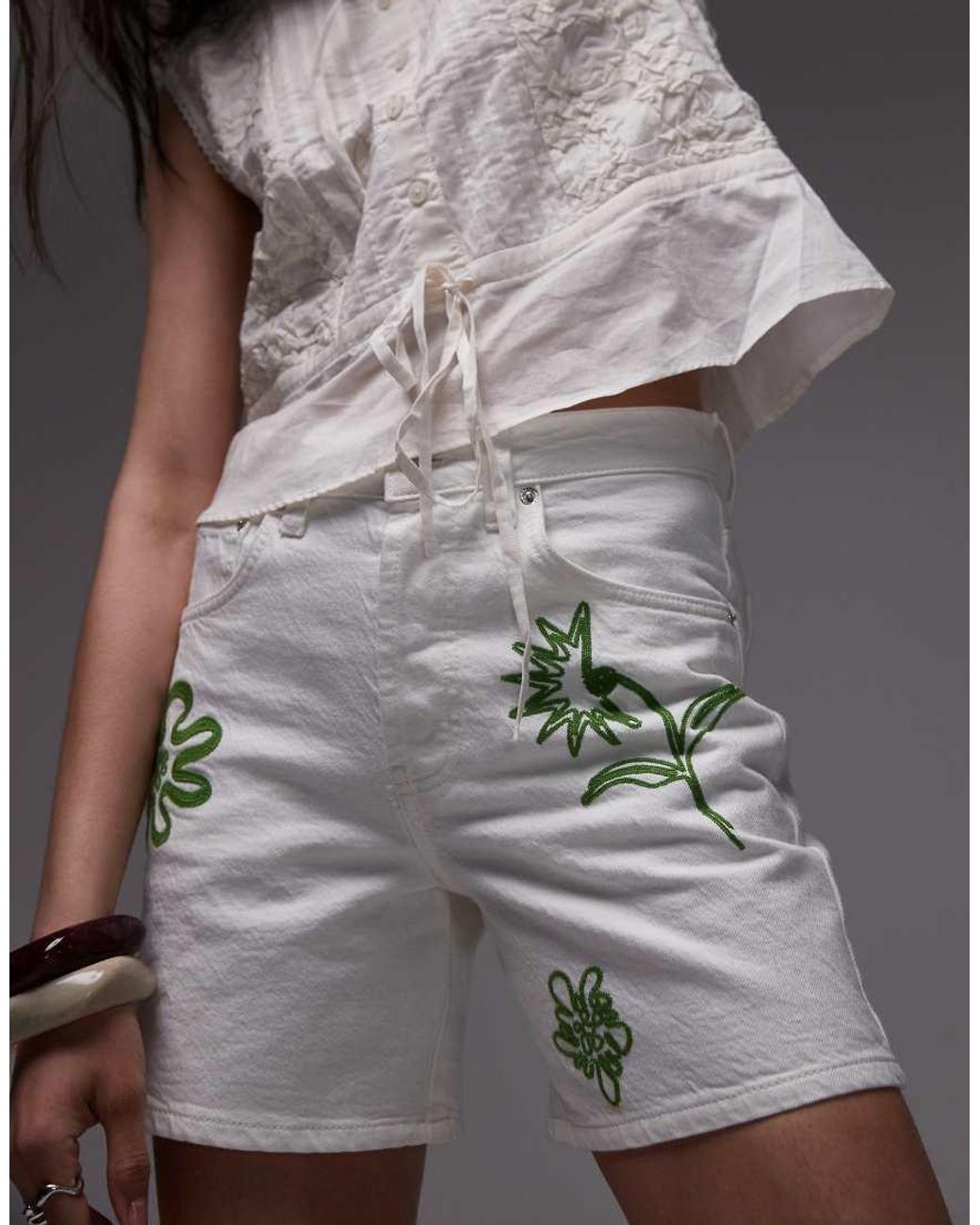 TOPSHOP Gray Editor Denim Shorts With Motif Embroidery