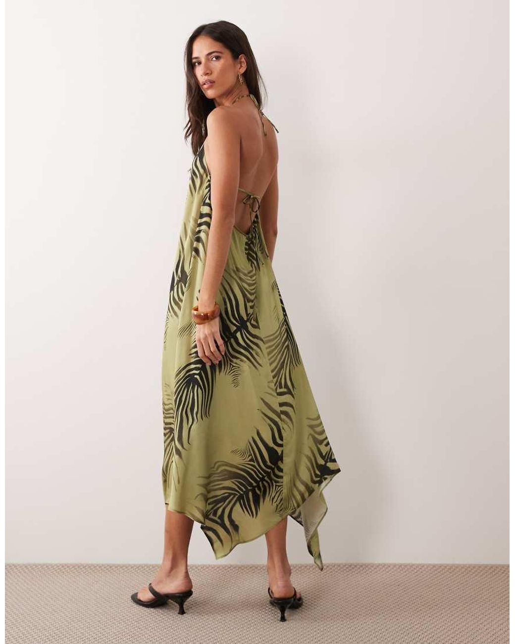 ASOS Natural Halter Neck Midi Dress With High Low Hem