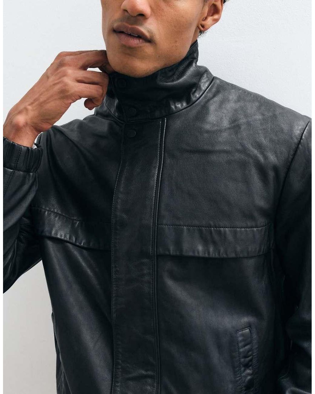 AllSaints Gray Stenton Funnel Neck Leather Jacket for men