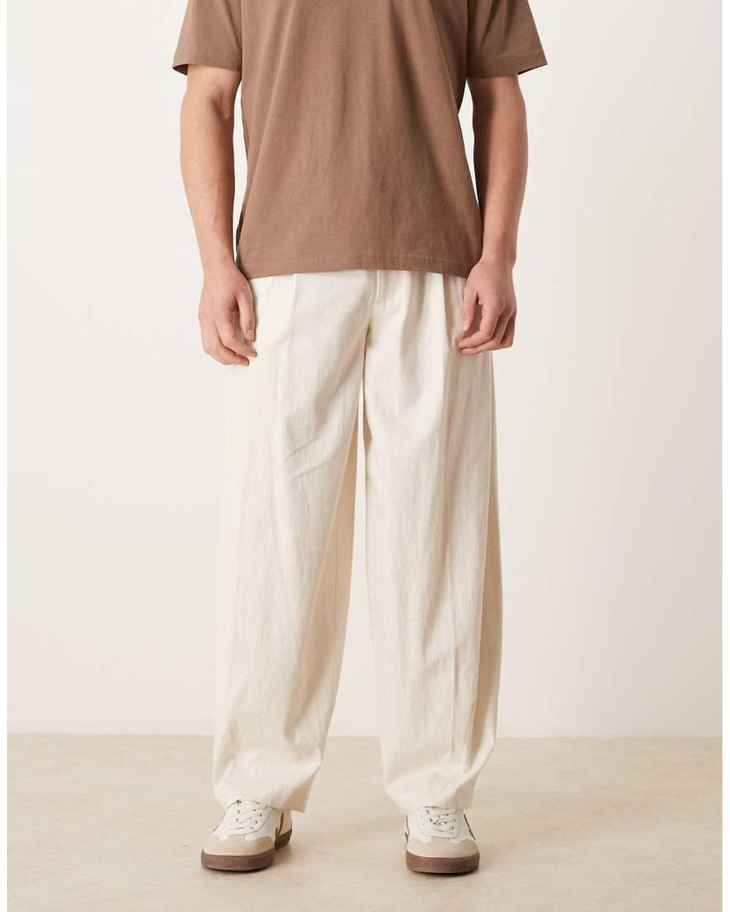 ASOS Natural Smart Pleated Linen Blend Barrel Trousers for men