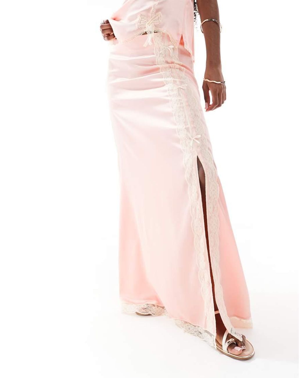 Miss Selfridge Pink Satin And Lace Maxi Skirt Co-ord