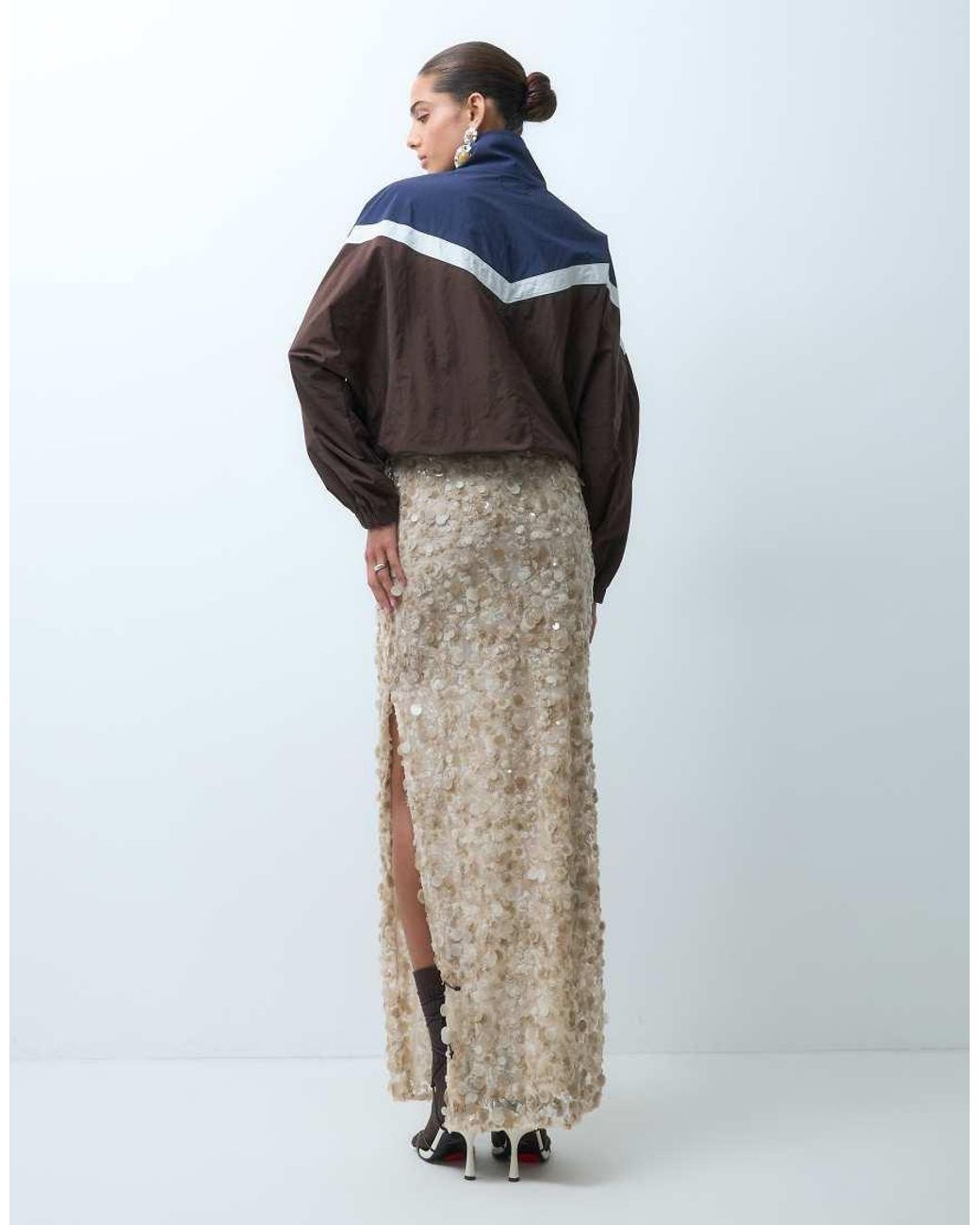 ASOS Natural Co-ord Sequin Gathered Waist Maxi Skirt With Side Split