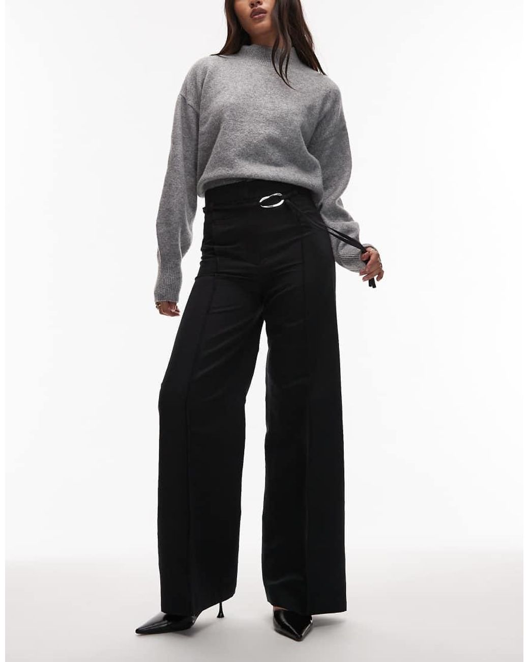 & Other Stories Gray Tie Belt Flared Tailored Trousers