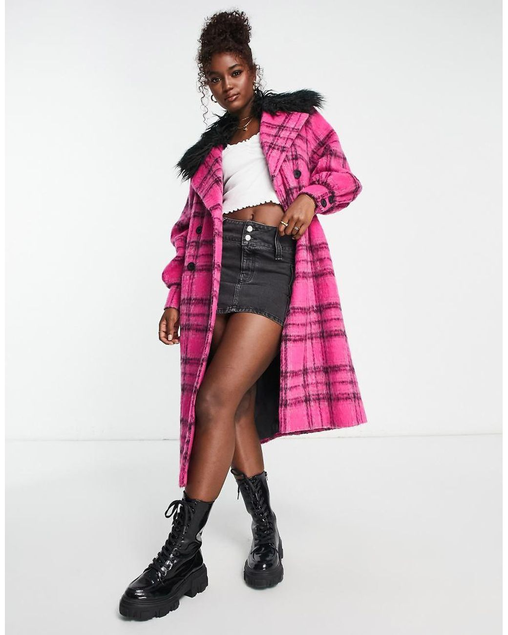 Miss Selfridge Check Mongolian Faux Fur Collar Long Coat in Pink Lyst UK
