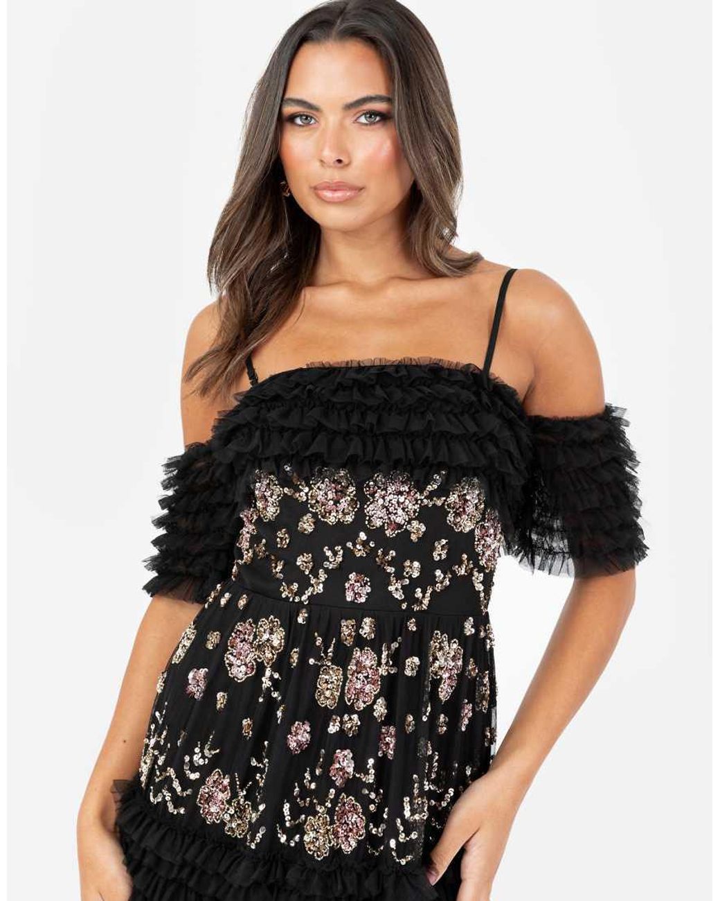 Maya Black Embellished Ruffle Bardot Maxi Dress