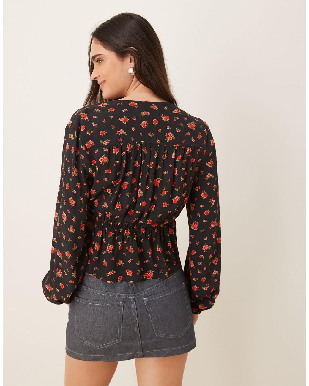Mango Brown Tie Front Rose Print Blouse