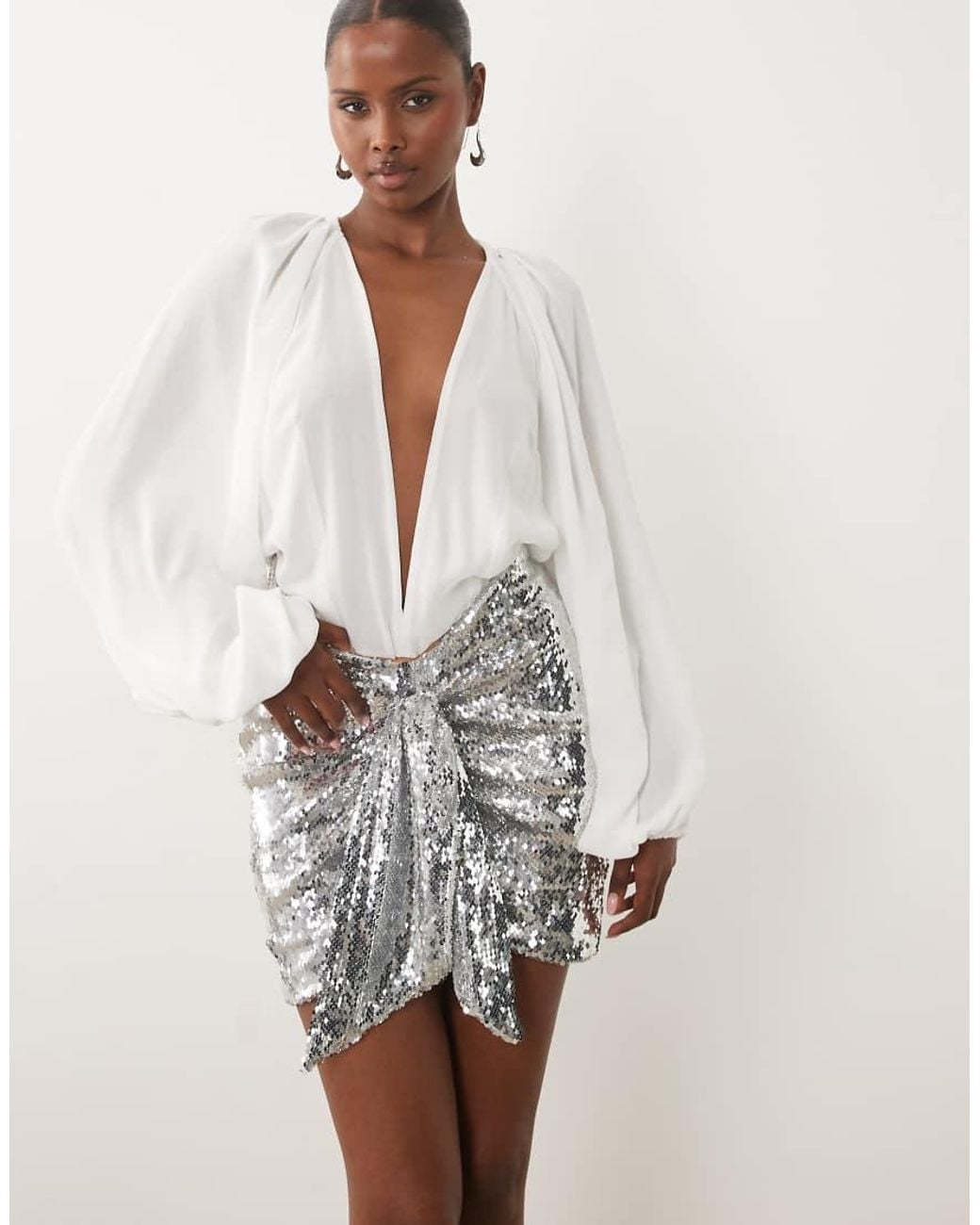 The Dolls House Natural Beaudelle Premium Knot Detail Sequined Mini Skirt