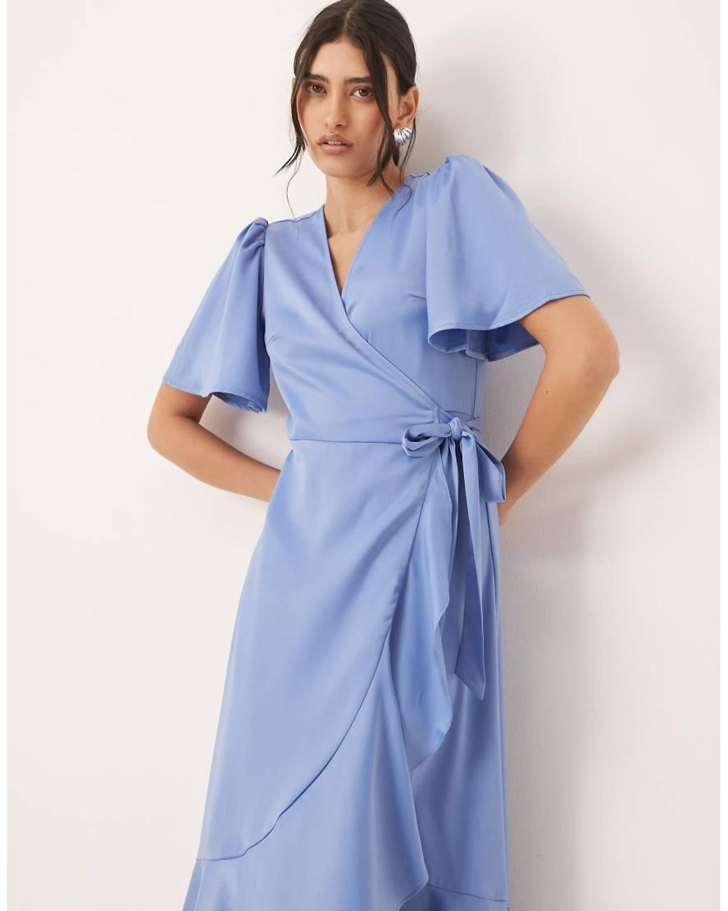 Y.A.S Blue Satin Wrap Midi Dress
