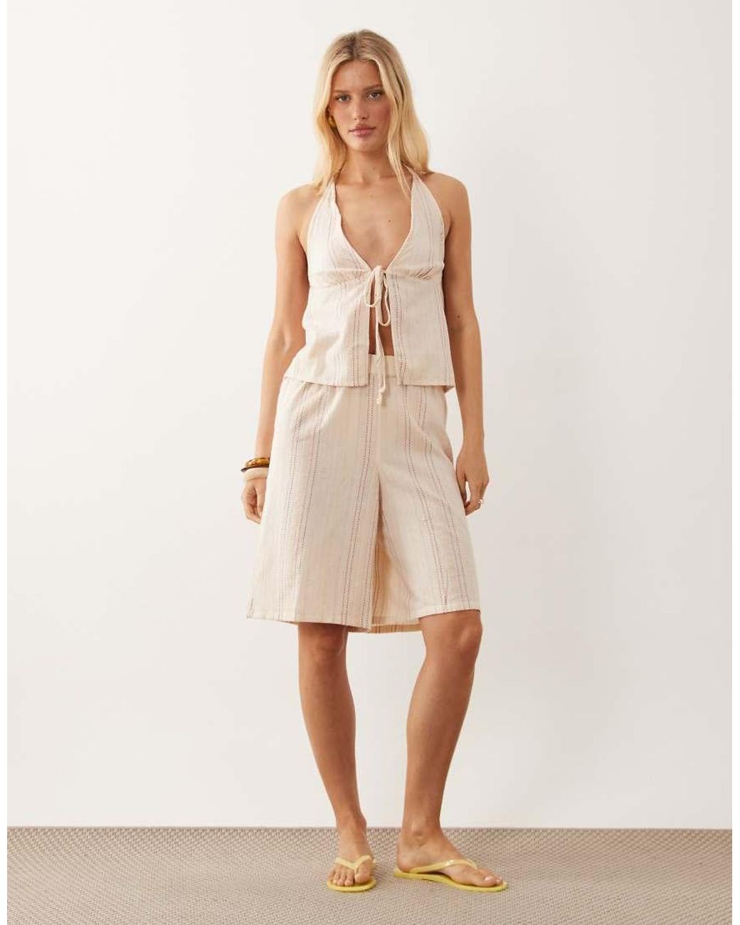Collusion Natural Textured Beach Stripe Halter Top Co-ord