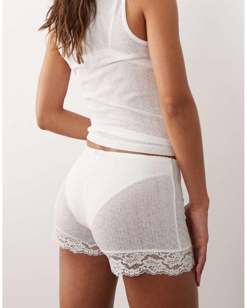 ASOS White Semi Sheer Ribbed Pyjama Shorts With Lace Trim