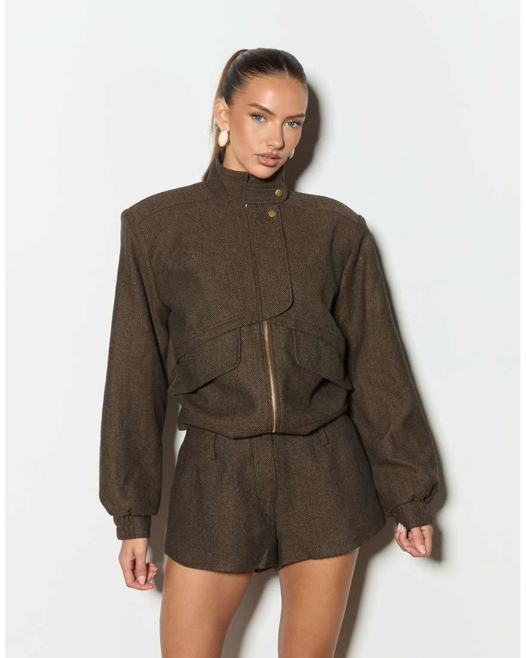 Noughts & Kisses Brown Tweed Tailored Shorts Set
