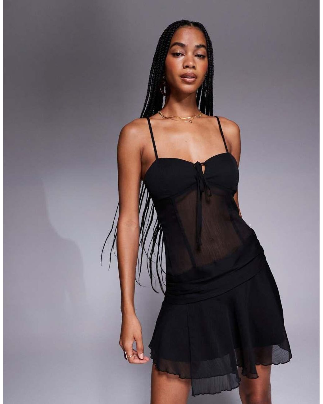 Missy Empire Black Tie Front Mesh Panel Asymmetric Mini Dress