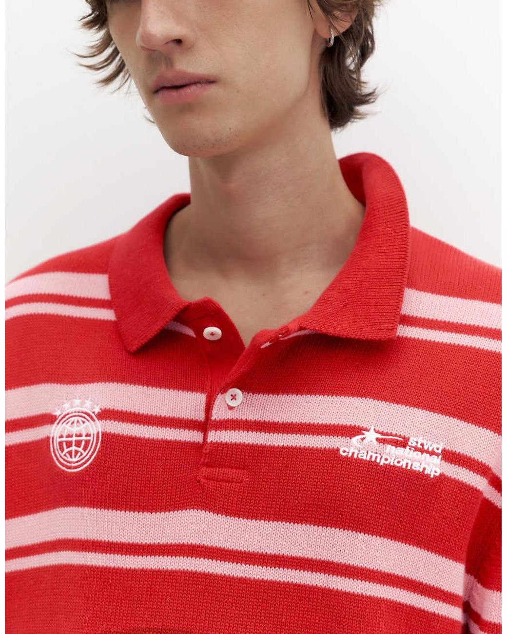 Pull&Bear Red Stwd Striped Knit Polo Shirt for men