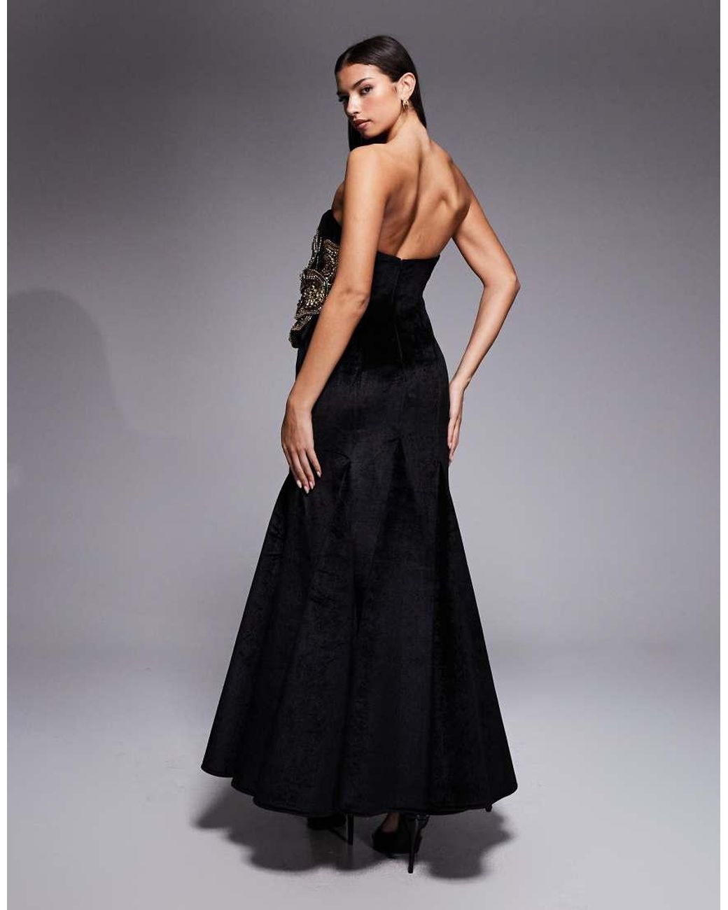 ASOS Blue Structured Velvet Godet Maxi Dress With Floral Embellishment