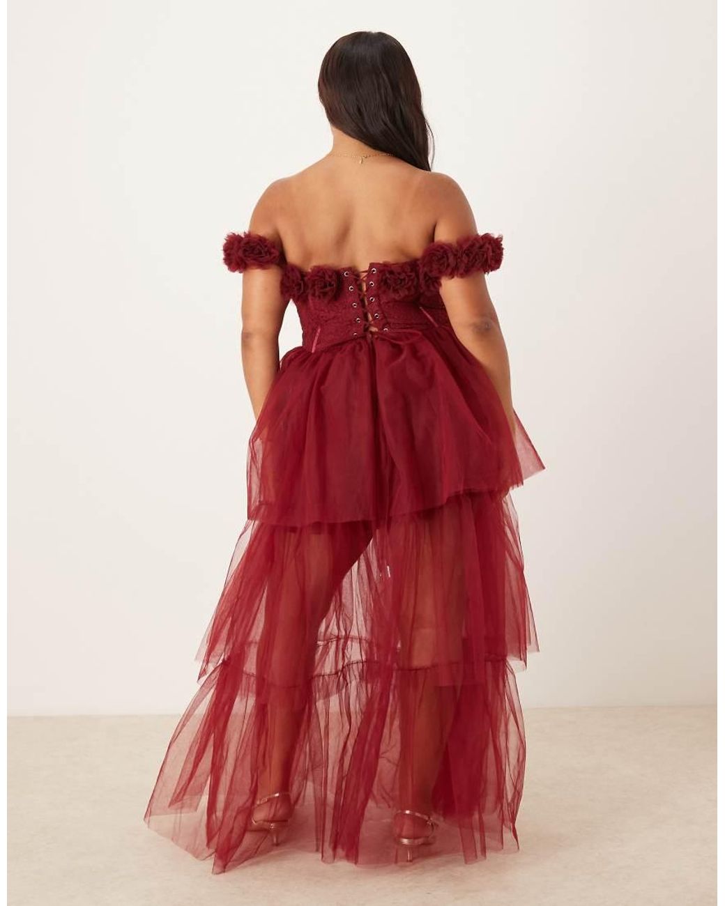 Lace & Beads Plus Rosette Corset Tiered Tulle Maxi Dress