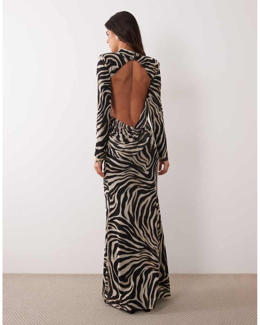 ASOS White Printed Zebra Animal Mesh Deep Cowl Mini Dress With exaggerated Sash And Shoulder Pads