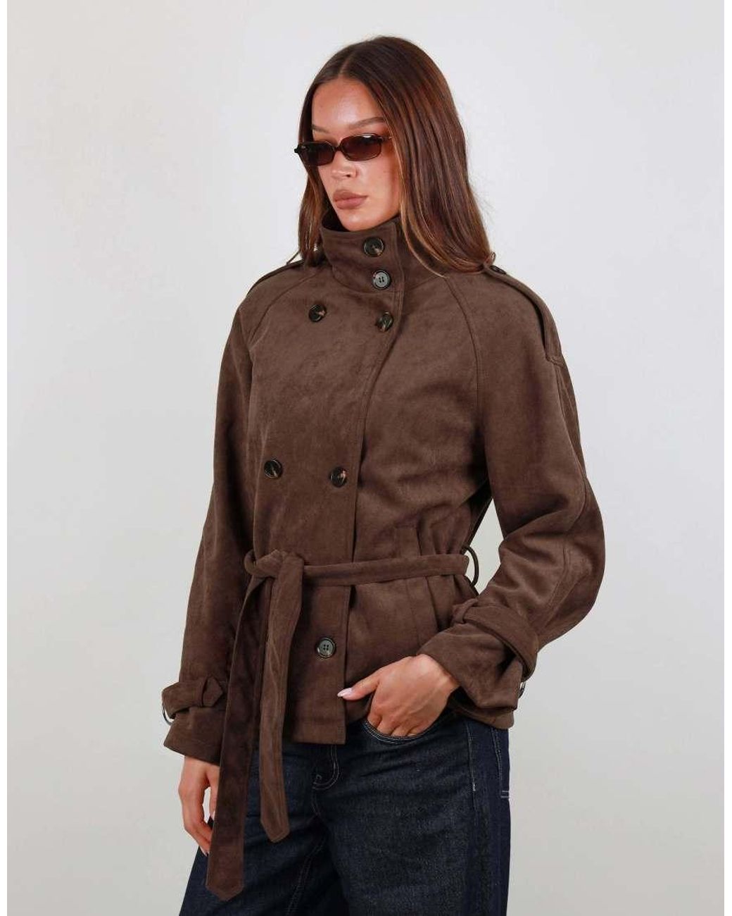 SIMMI Brown Faux Suede Funnel Collar Trench Coat