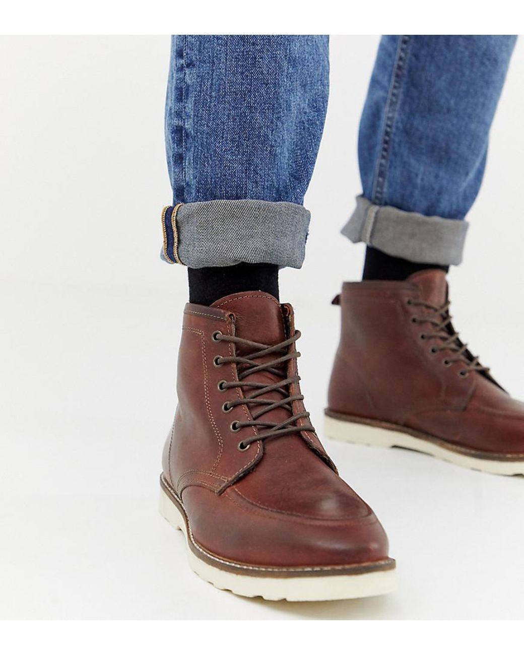 ASOS Wide Fit Lace Up Boots In Brown Leather With White Sole for Men | Lyst