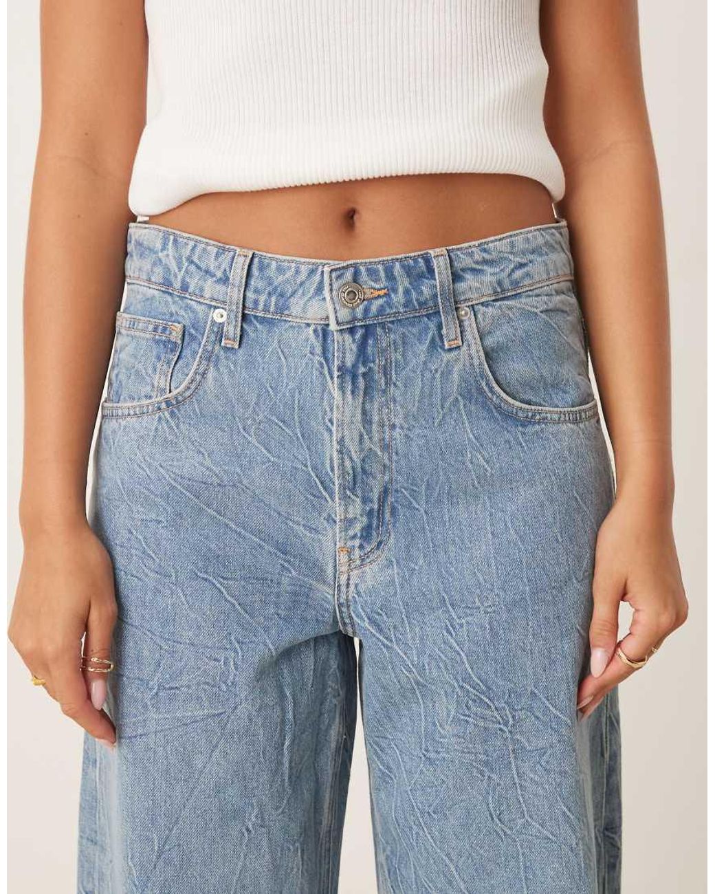 Mango Blue Cotton baggy Textured Low Rise Jean