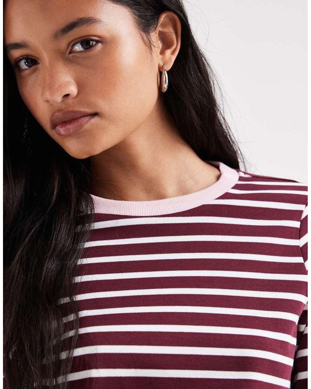 Vero Moda Red Long Sleeve Stripe T-shirt With Contrast Rib Collar