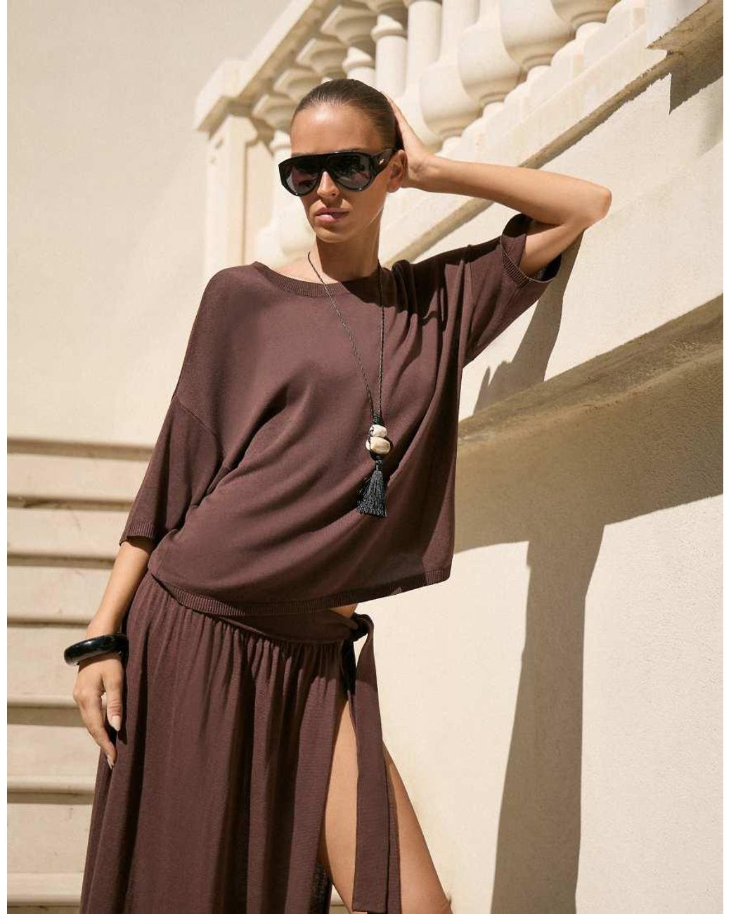 4th & Reckless Natural Fine Knit Dropped Shoulder Beach T-shirt