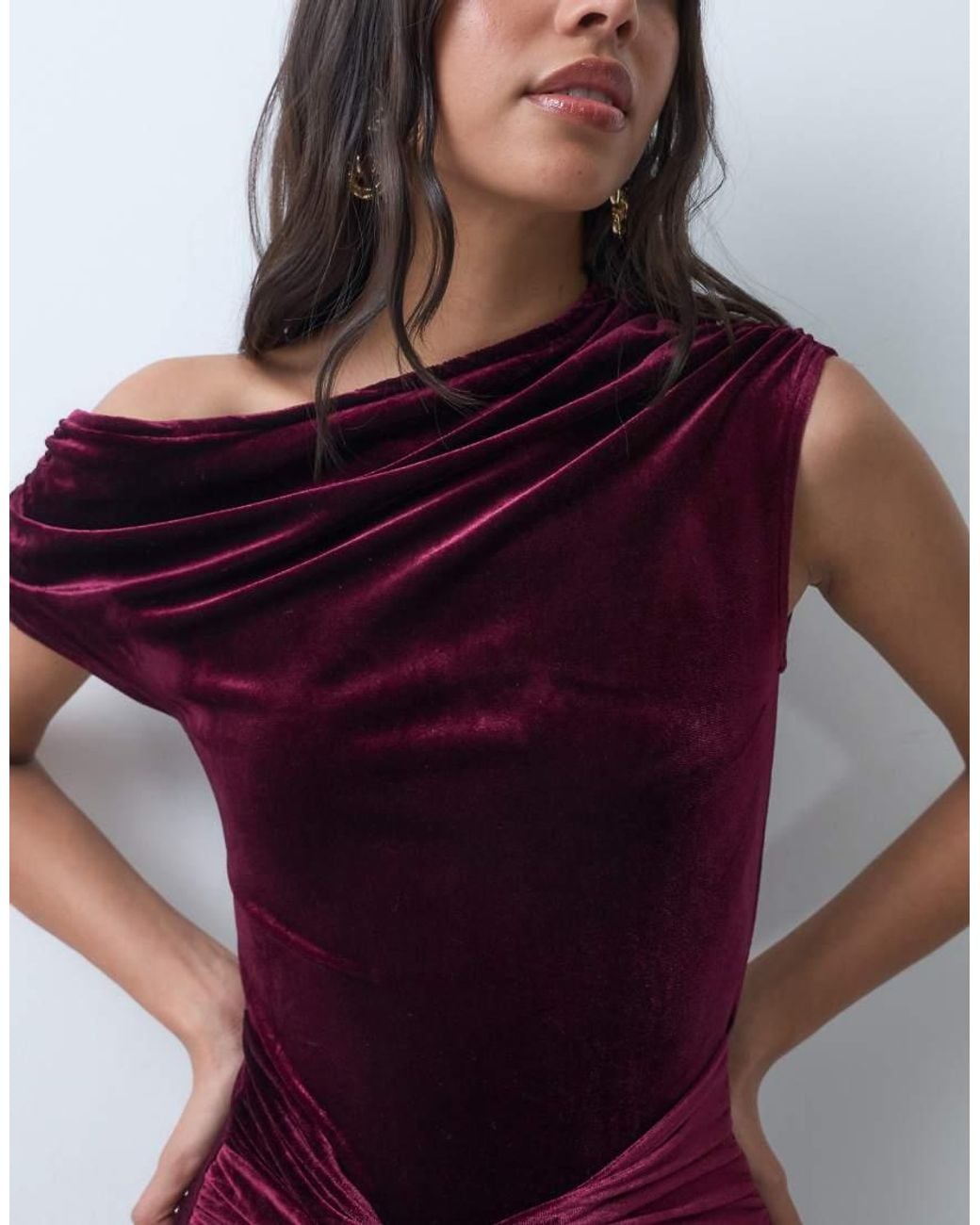 New Look Purple Velvet Fallen Shoulder Knot Detail Midi Dress