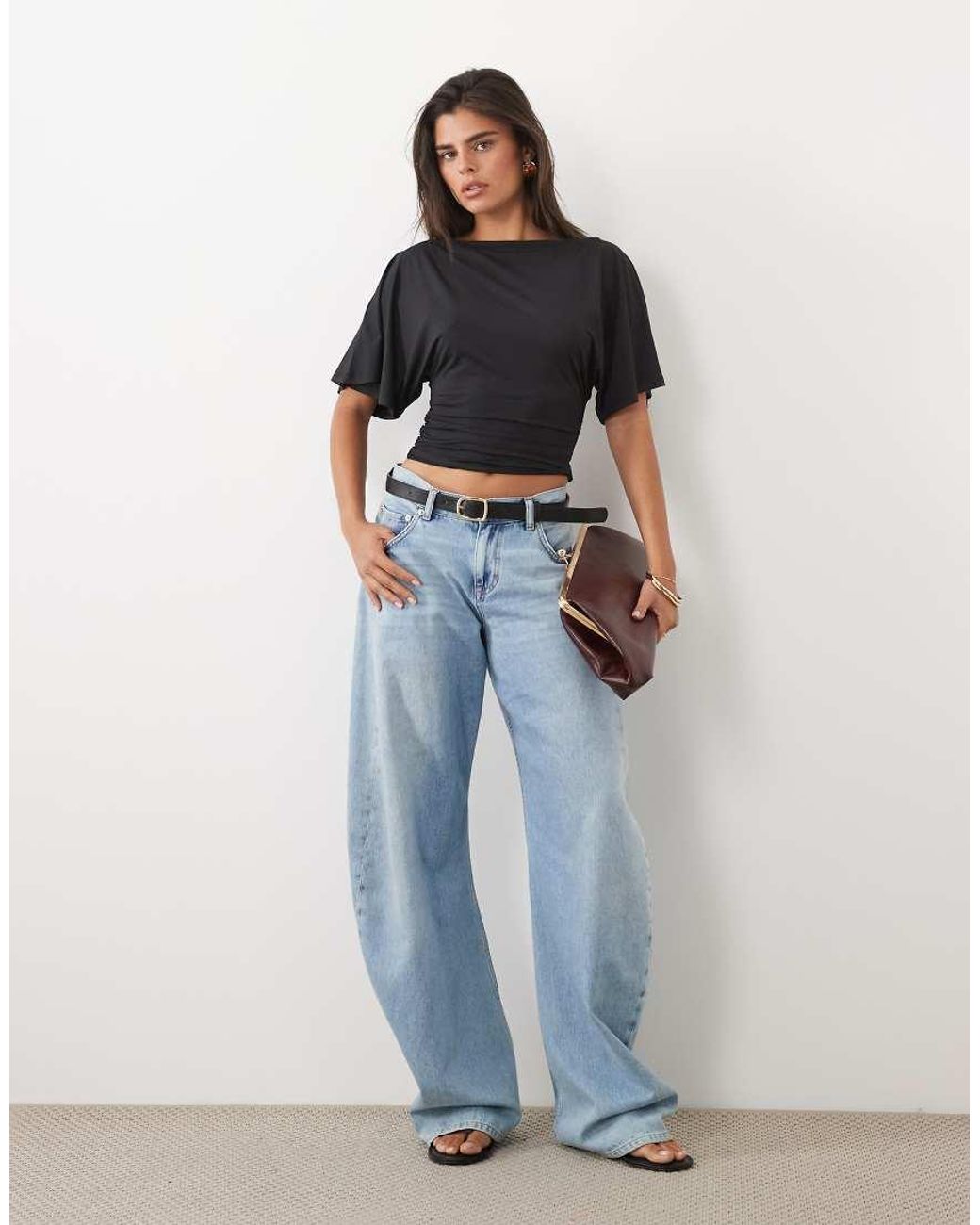 ASOS Blue Slinky Slash Neck Top With Batwing Short Sleeve