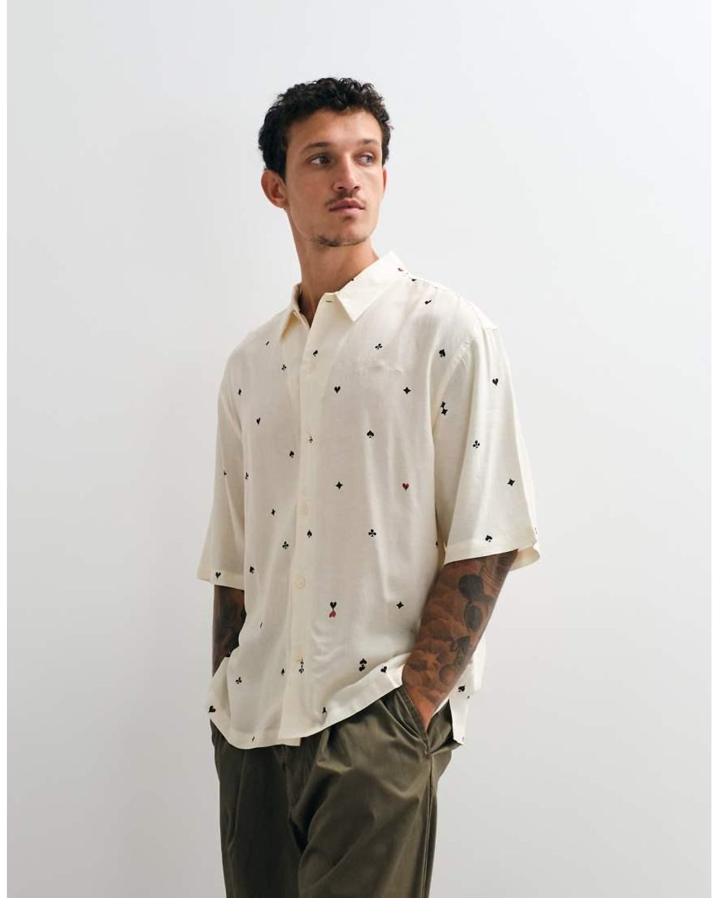 AllSaints Natural Cardsuit Short Sleeve Printed Shirt for men
