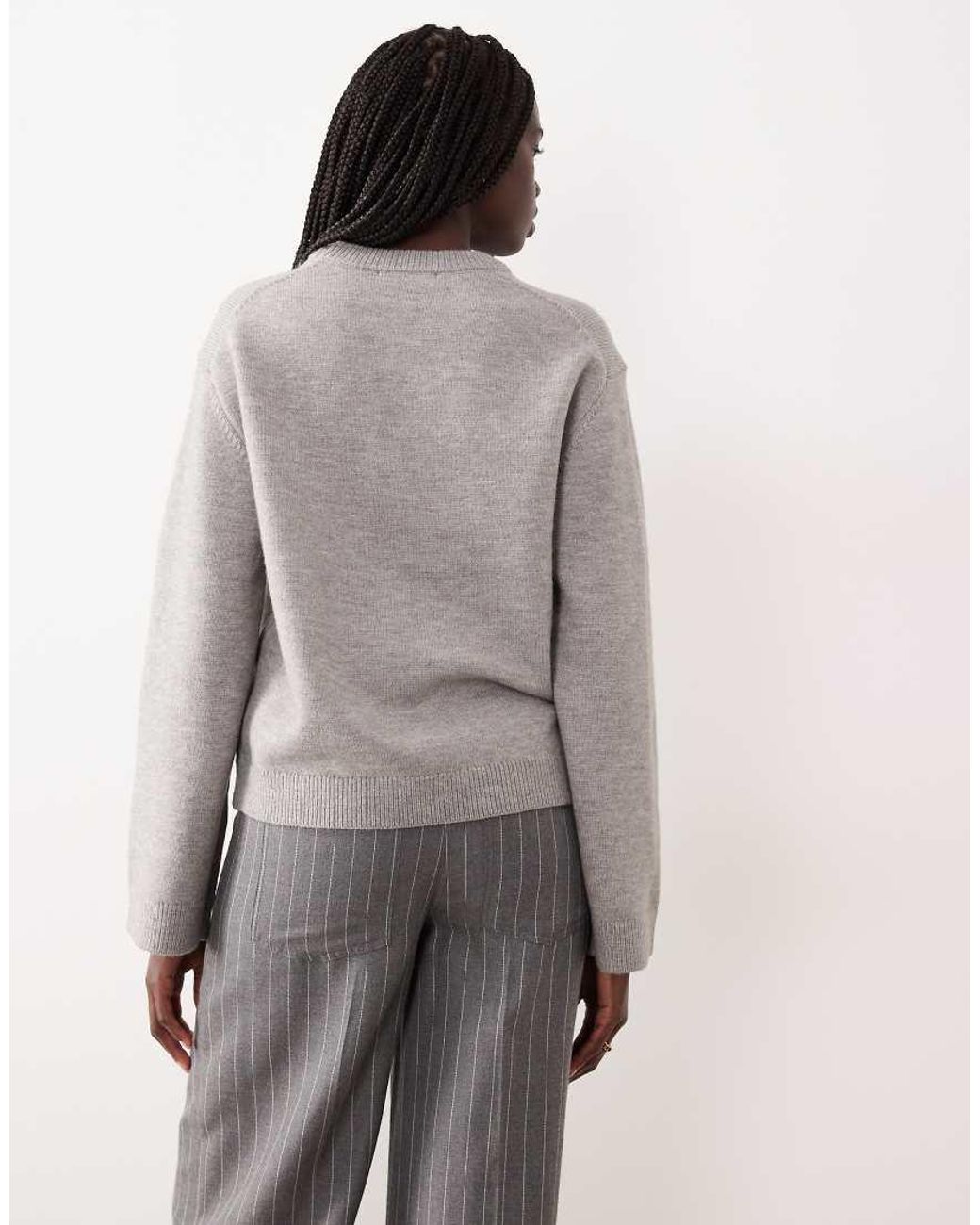 Gina Tricot Gray Crew Neck Knitted Sweater With Wide Sleeves