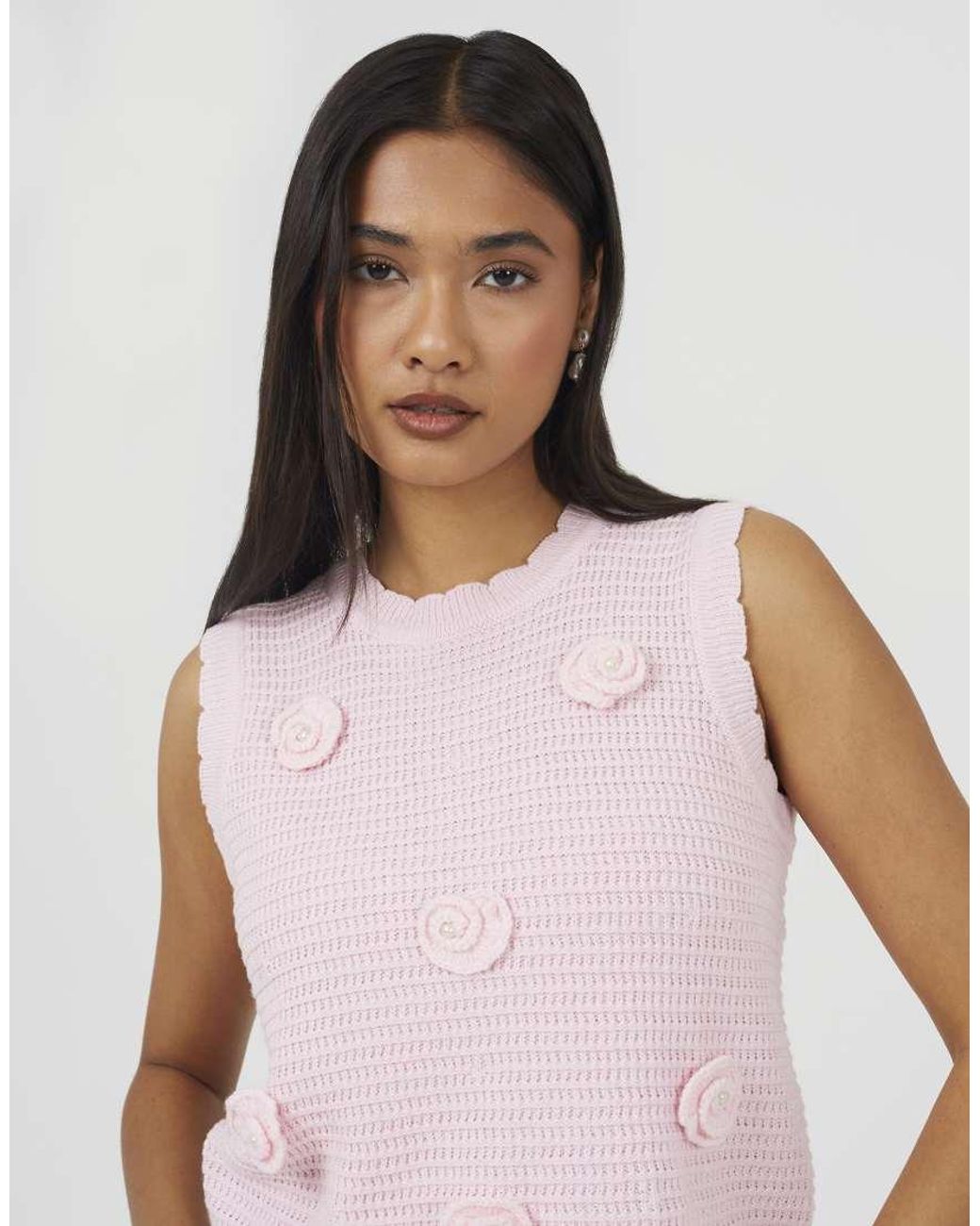 Brave Soul Blue Knitted Crew Neck Tank With Crochet Shells