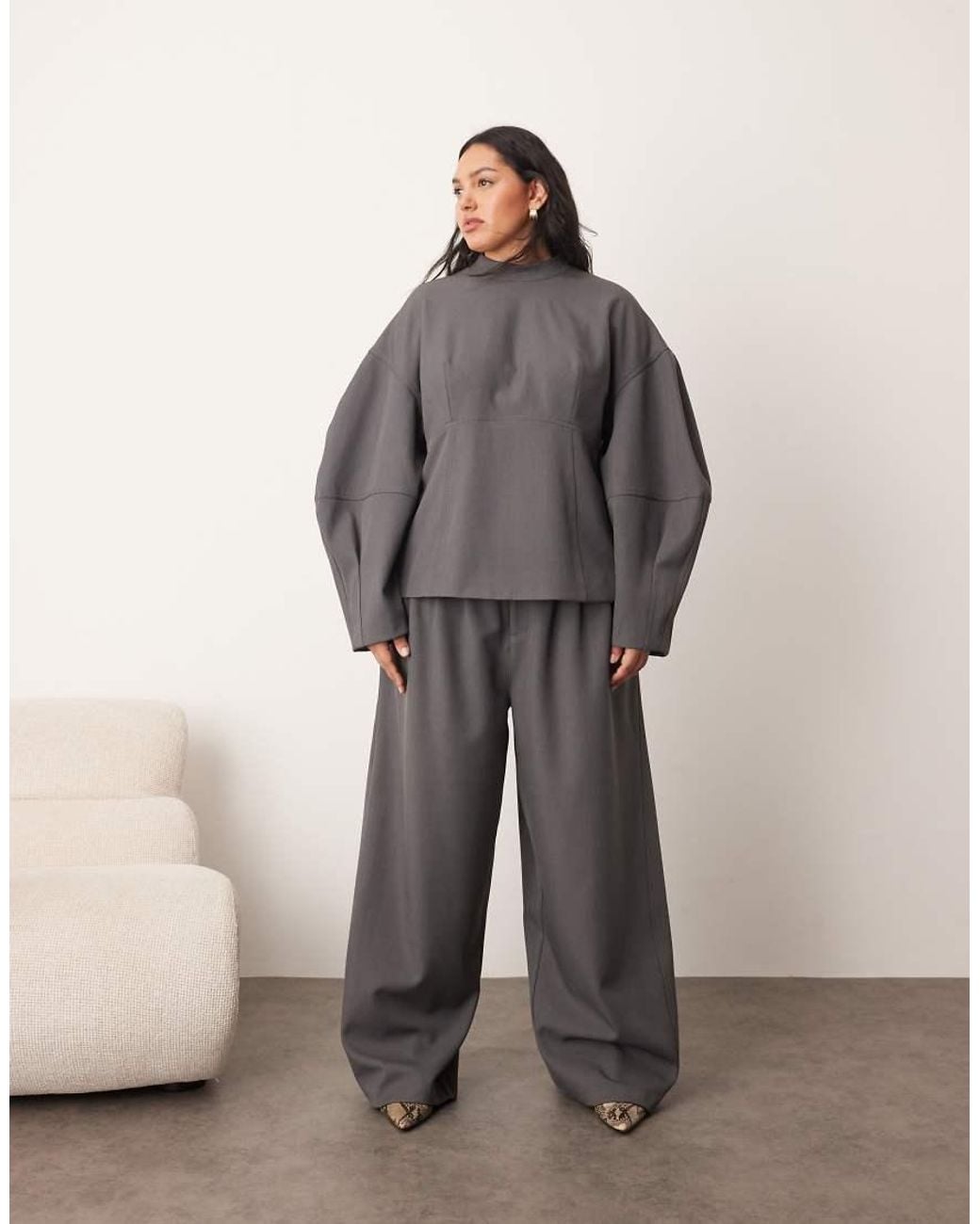 ARRANGE Gray Curve Tailored Seam Detail Sculpted Top With Ovoid Sleeve