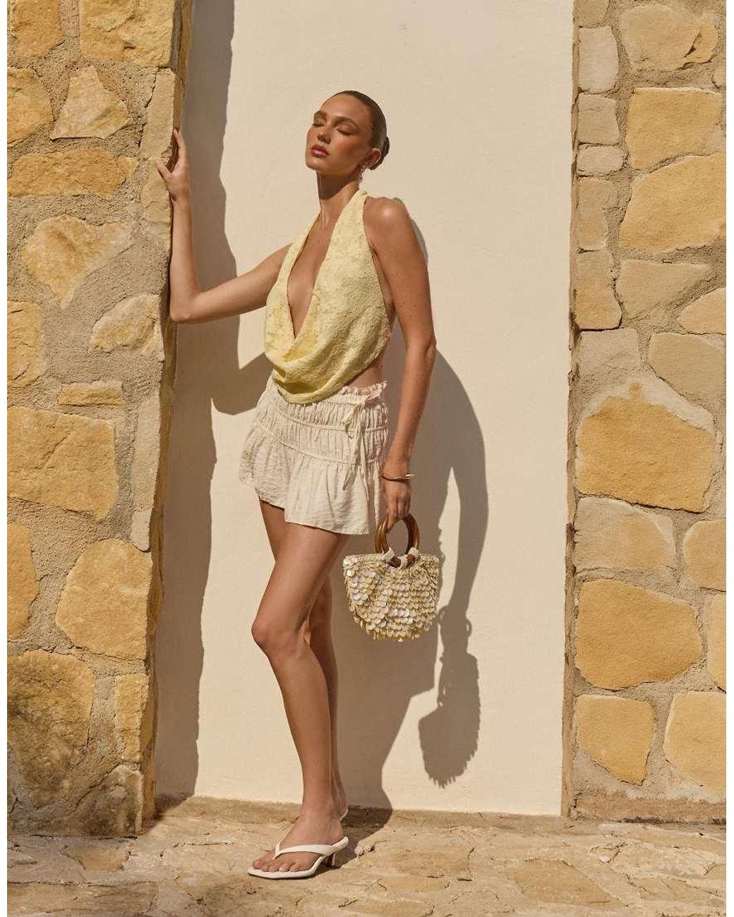 The Frolic Natural Exclusive Textured Jacquard Deep Plunge Cowl Neck Backless Top