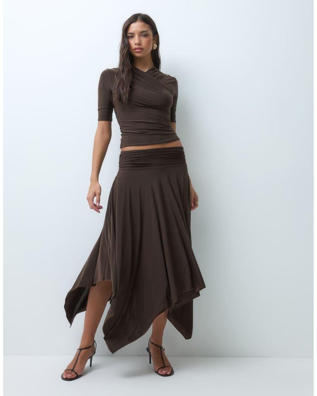 Kaiia Brown Exclusive Double Sculpted Slinky Wrap Front Detail 3/Sleeve Top Co-Ord
