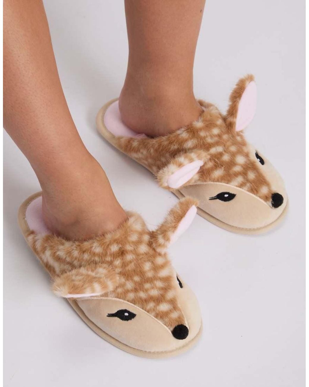 Boux Avenue Natural Deer Plush Mule Slippers Super Soft Cosy Pom Pom Loungewear