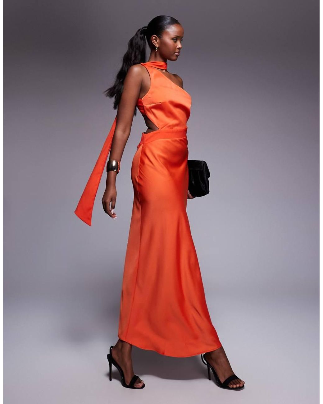 ASOS Red One Shoulder Satin Midi Dress With Neck Tie
