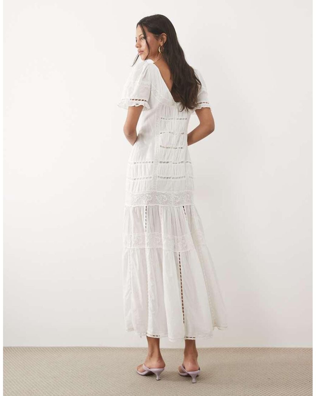 For Love & Lemons Natural Breezy Cotton Broderie Scoop Neck Puff Sleeve Midi Dress With Drop Waist