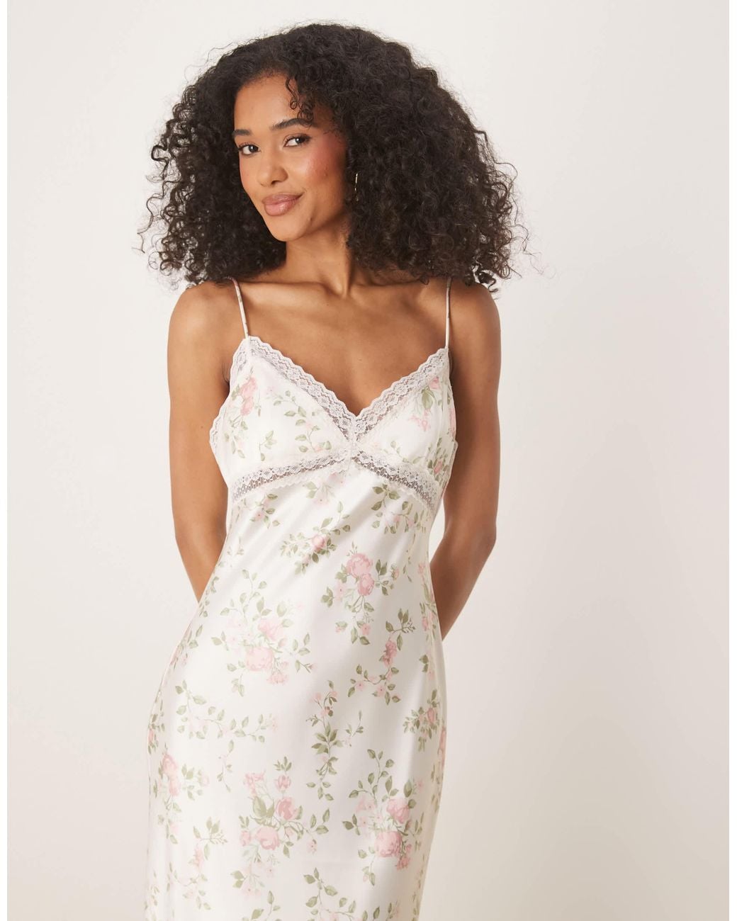 Gina Tricot Satin Floral Maxi Dress With Lace Trim in Natural | Lyst