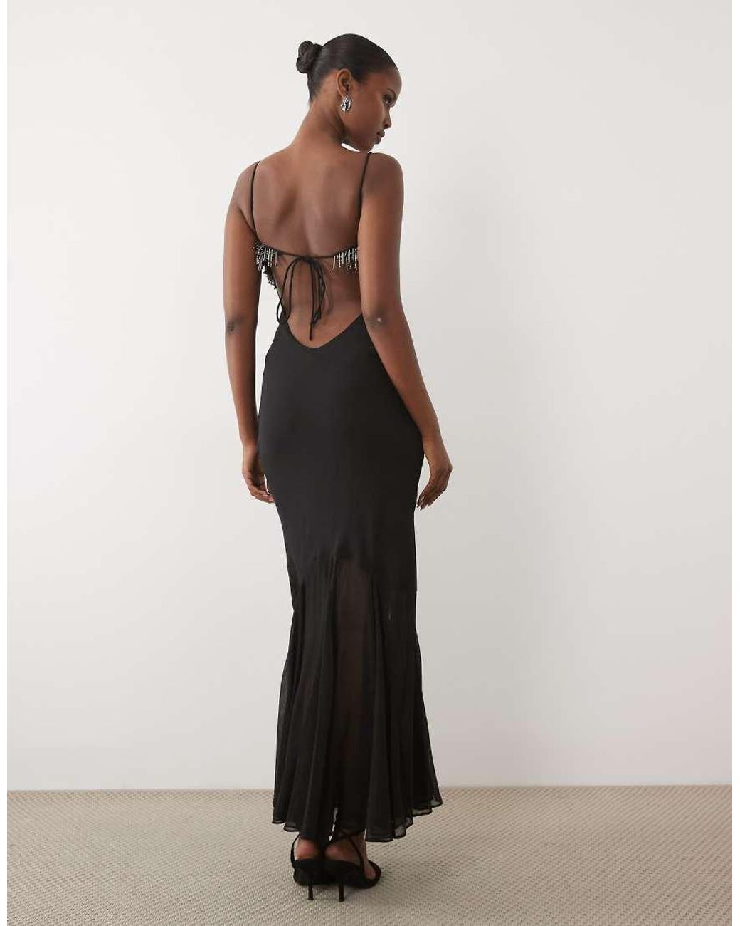 ASOS White Fringe Beaded Bust Bias Cami High Maxi Low Dress