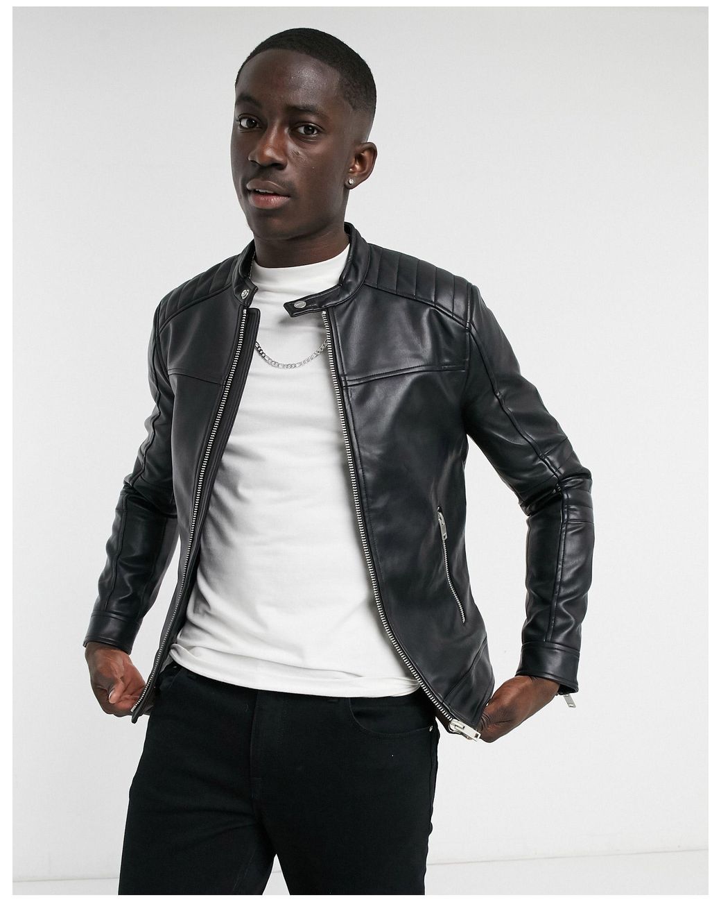 Bershka Faux Leather Biker Jacket in Black for Men | Lyst