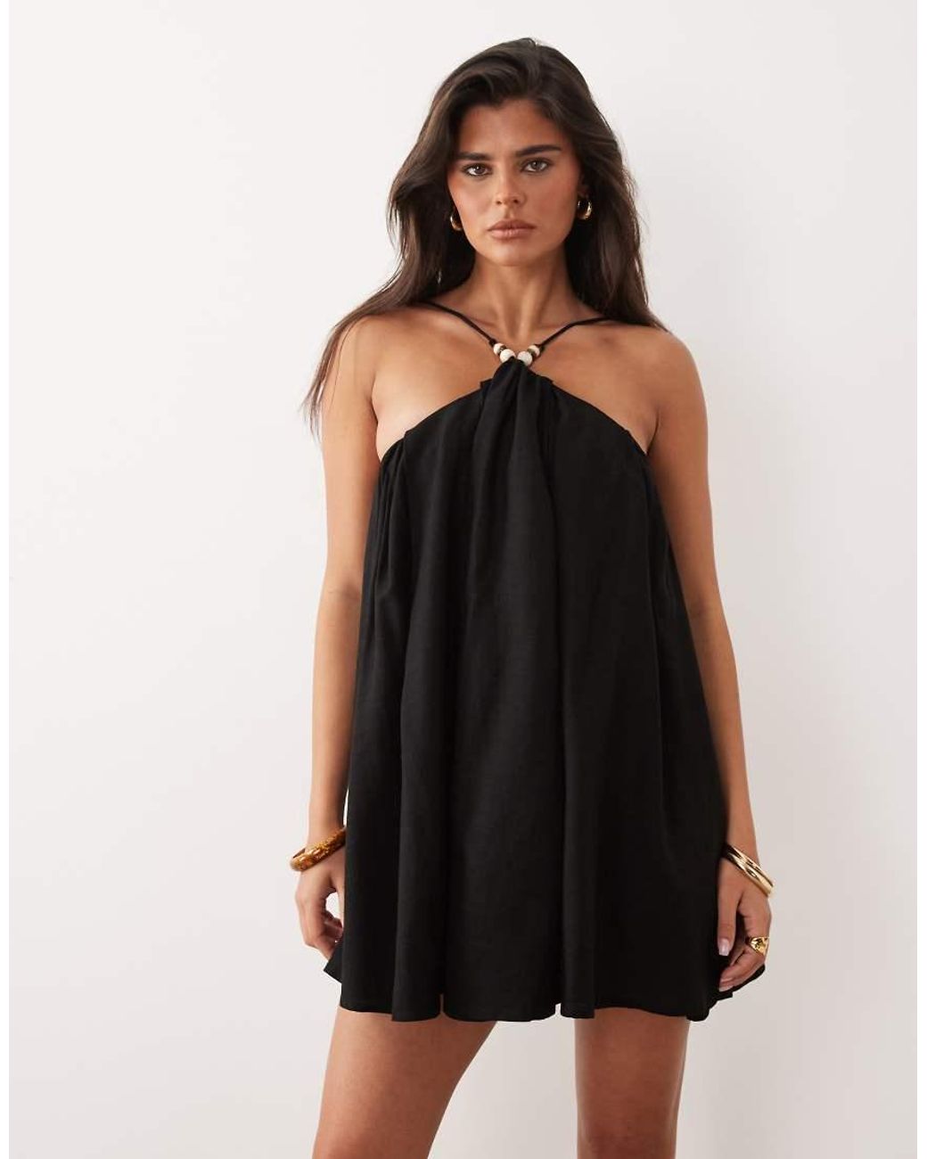 Noughts & Kisses Black Beaded Strap Detail Open Lace Up Back Cotton Mini Dress
