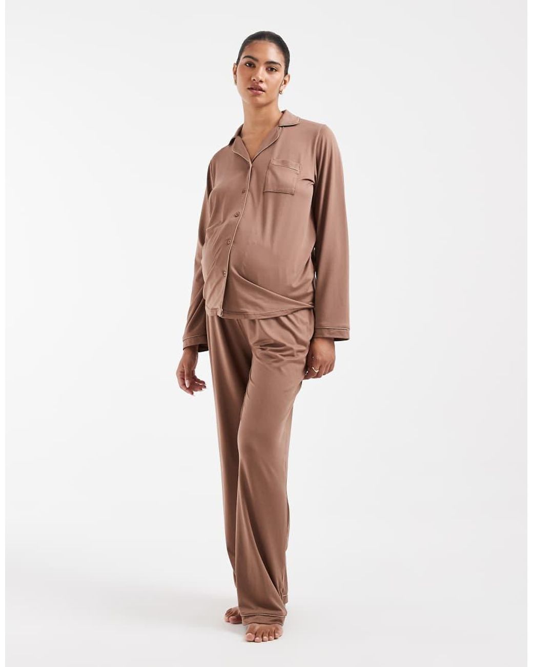 Loungeable Brown Maternity Super Soft Jersey Revere Top And Wide Leg Pyjama Set With Piping Detail