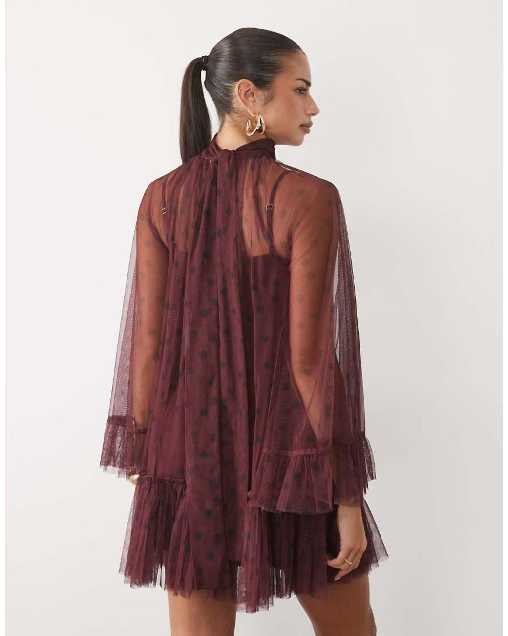 LACE & BEADS Red Lace & Bead Sheer Tulle High Neck Bell Sleeve Mini Dress