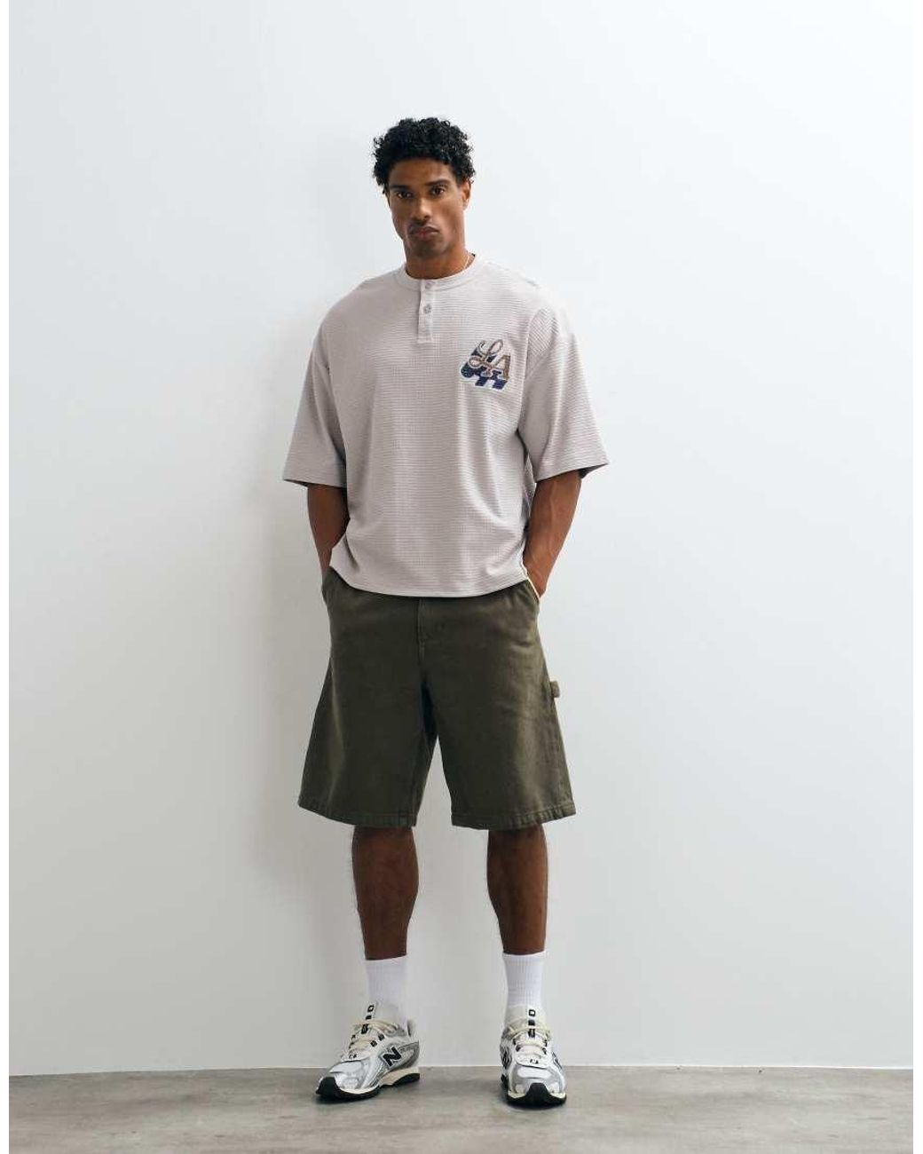 ASOS Gray Boxy Oversized Henley T-Shirt With La Embroidery for men