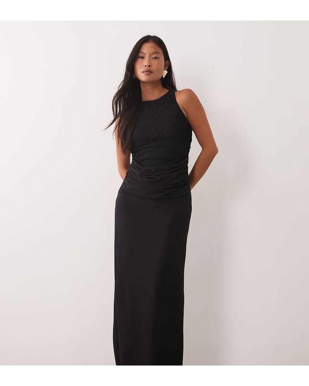 TFNC London Black Lace Racer Neck Open Cowl Back Drape Detail Maxi Dress