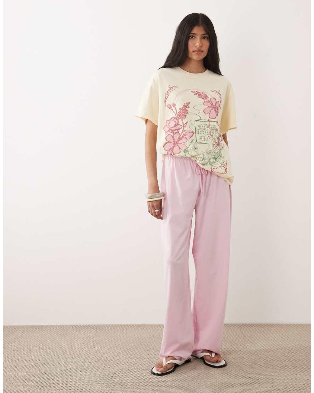 Miss Selfridge Natural Oversized T-Shirt With Flower Festival Graphic